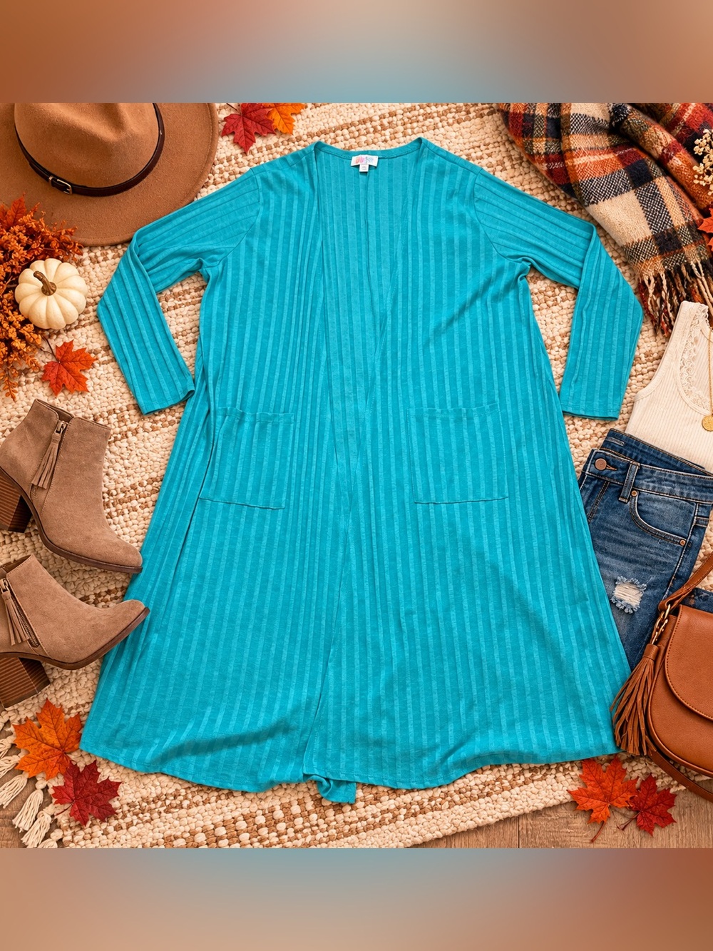 LuLaRoe Sarah Teal Blue Ribbed Long Duster Cardigan Women’s XL Pockets